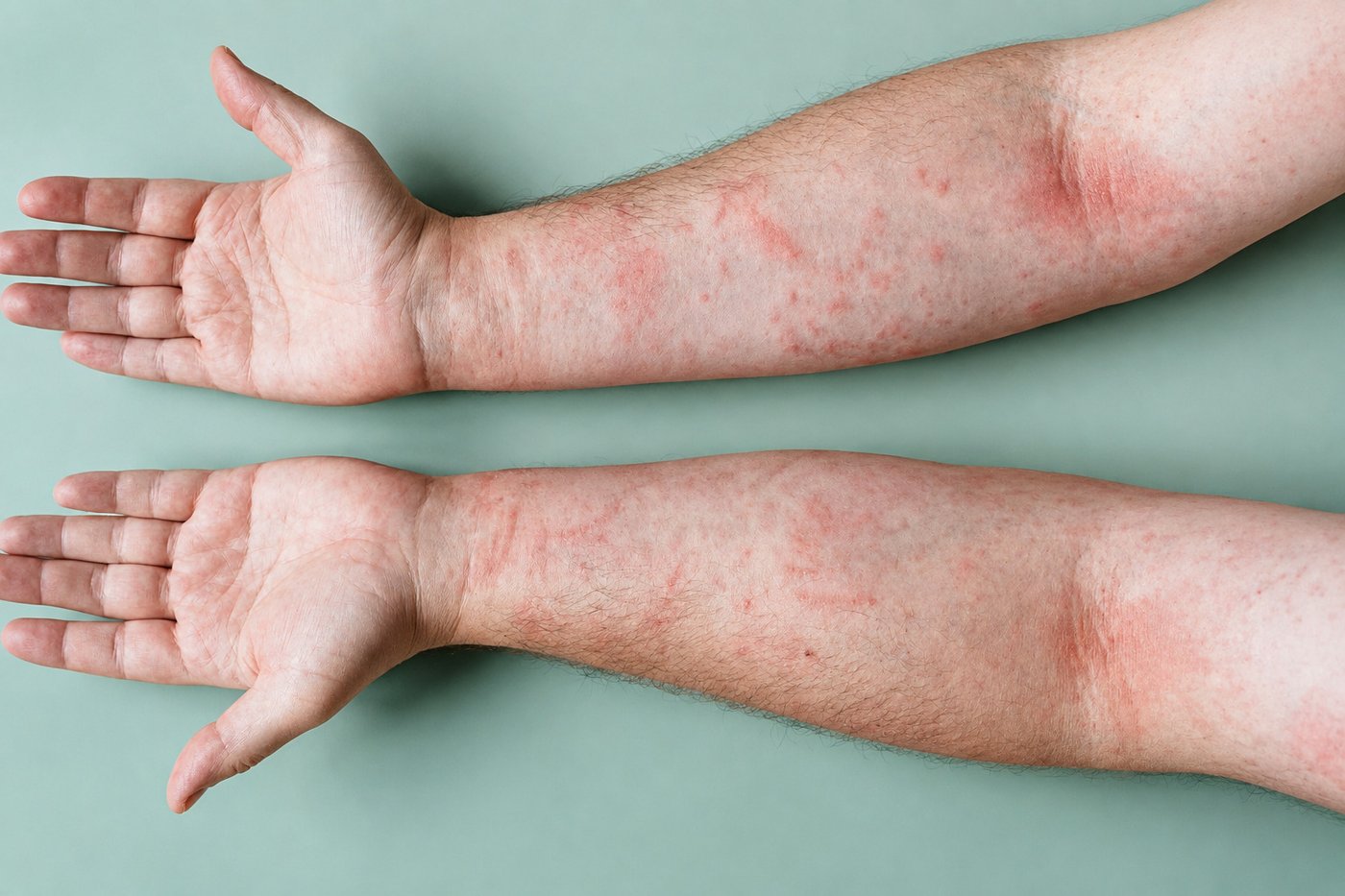 Eczema on both inner forearms — scattered red, blotchy patches, most inflamed at the elbow creases